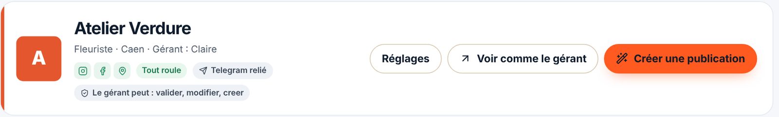 Fiche Atelier Verdure : le gérant peut valider, modifier, créer ; Telegram relié ; bouton Voir comme le gérant