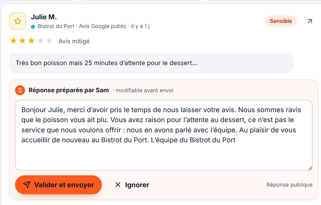 Avis Google à trois étoiles sur Bistrot du Port marqué Sensible, avec la réponse préparée par Sam et le bouton Valider et envoyer