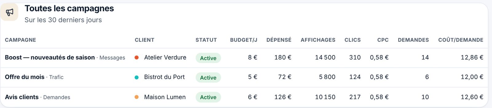 Tableau Toutes les campagnes : client, statut, budget par jour, dépensé, affichages, clics, coût par clic, demandes et coût par demande