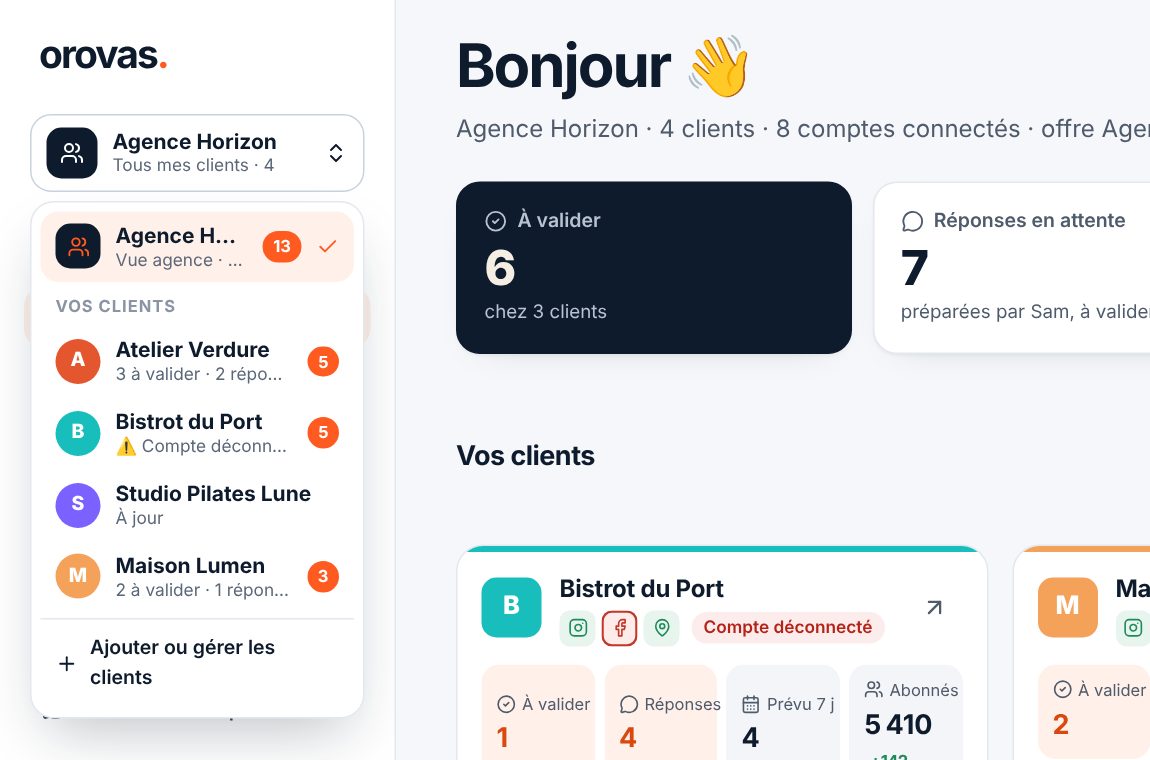 Sélecteur de client ouvert : Atelier Verdure, Bistrot du Port, Studio Pilates Lune et Maison Lumen, avec ce qui les attend