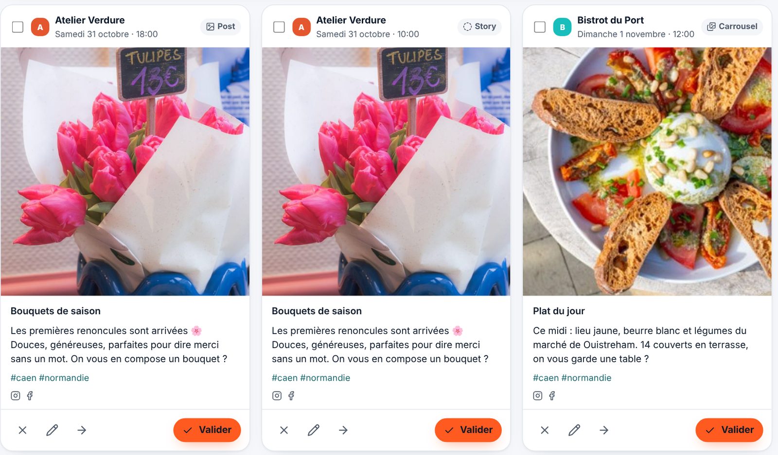 Publications à valider : les bouquets d’Atelier Verdure (fleuriste) et le plat du jour de Bistrot du Port (restaurant)