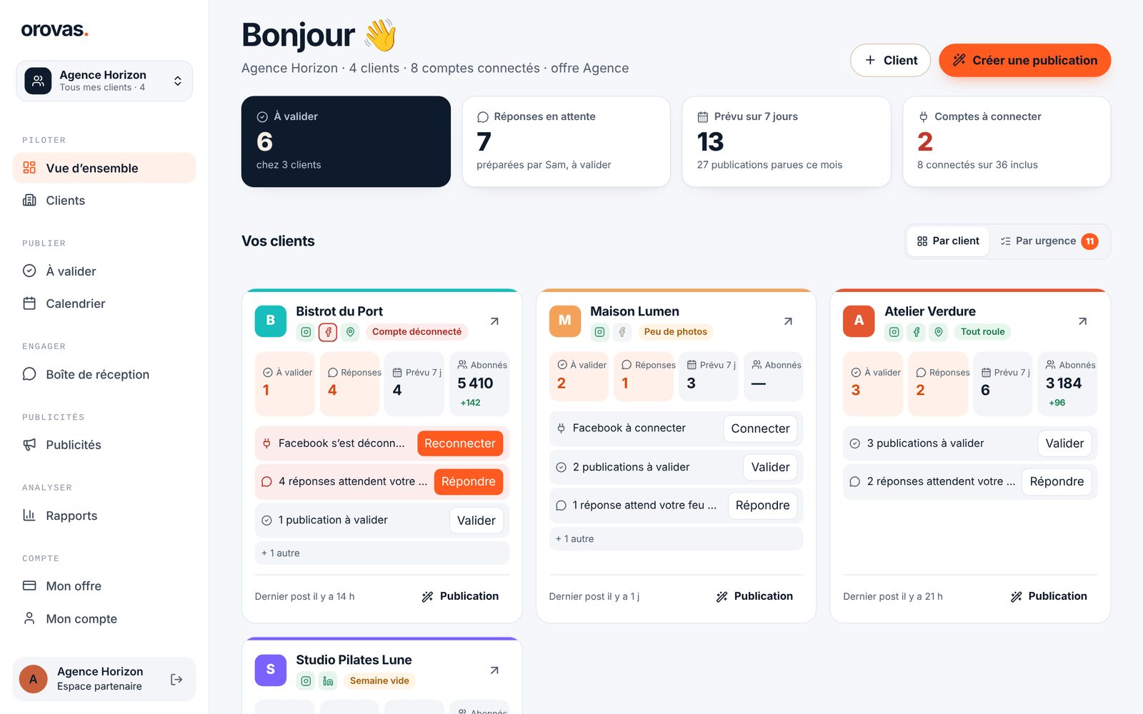 Espace agence : vue d’ensemble de quatre clients